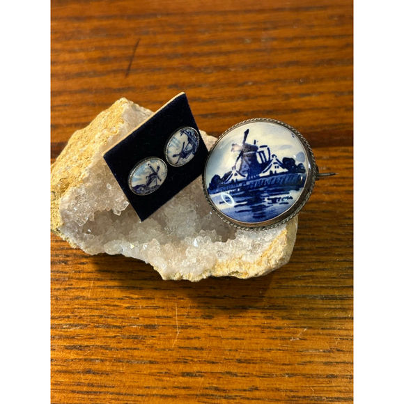 Vintage Delft Holland Sterling Silver & Ceramic brooch & earrings